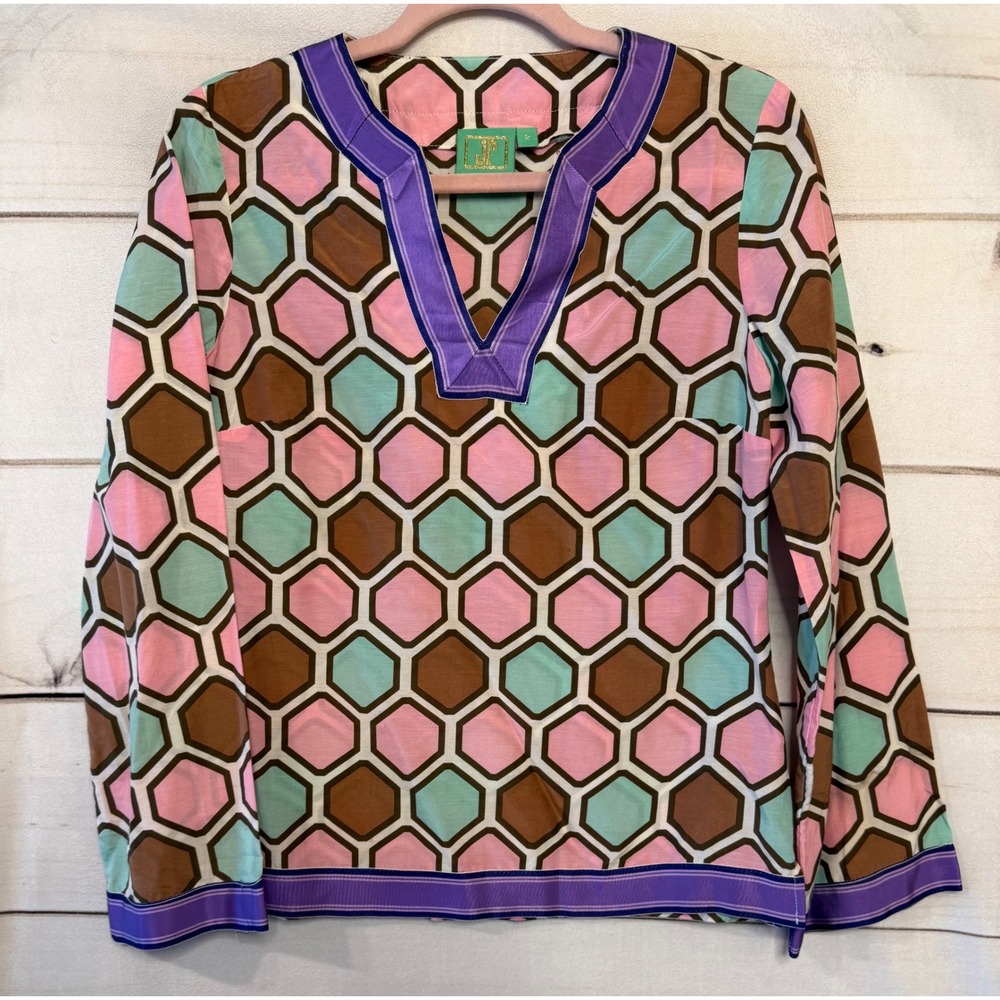 Jules Reid Linen Geometric Honeycomb Tunic Top Pink Aqua Brown‎ Size 2